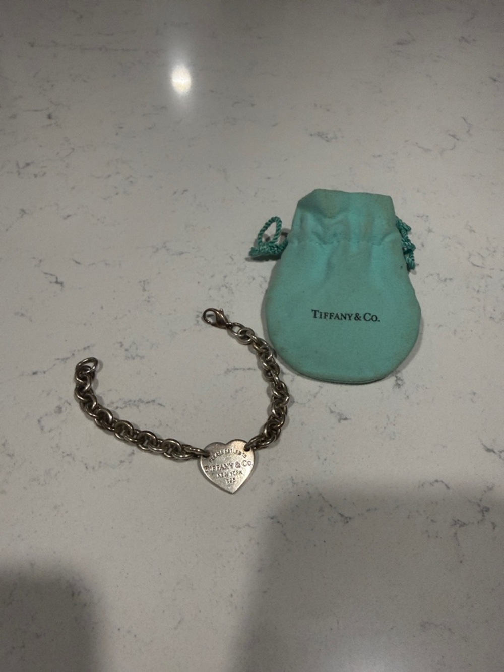 Tiffany & Co. Sterling Silver Heart Tag Bracelet with Blue Pouch